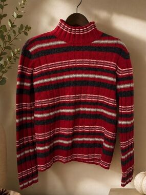 Vintage GAP Lambswool Red Striped Mock/High Neck Sweater with Black & Cream
